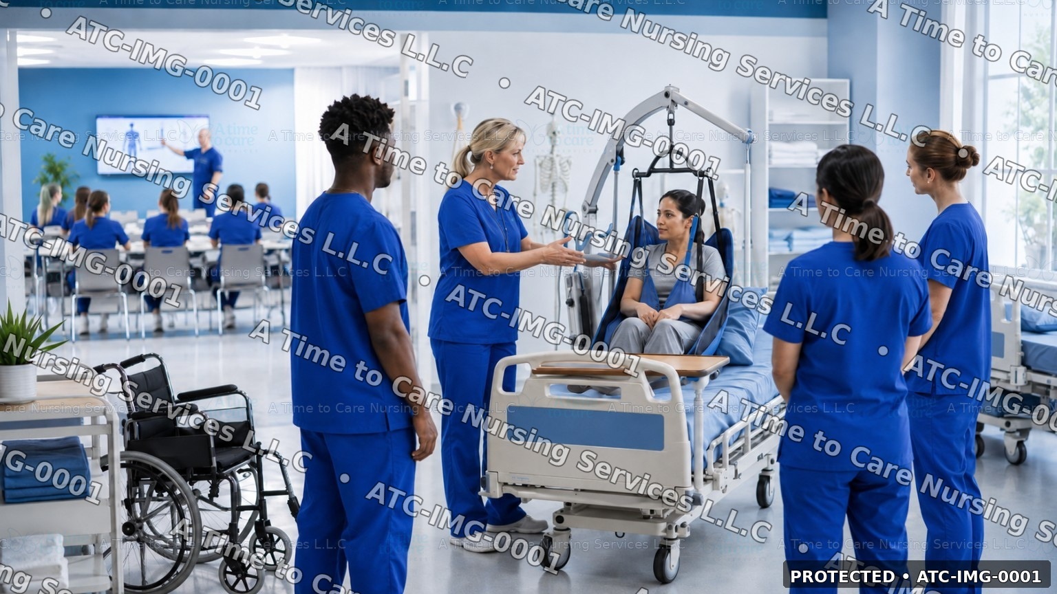 Healthcare skills lab with classroom space, medical beds and Hoyer lift practice