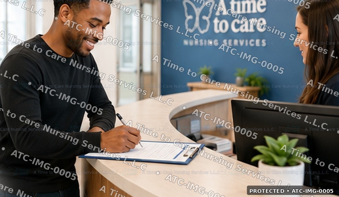 Person completing an application at the front desk
