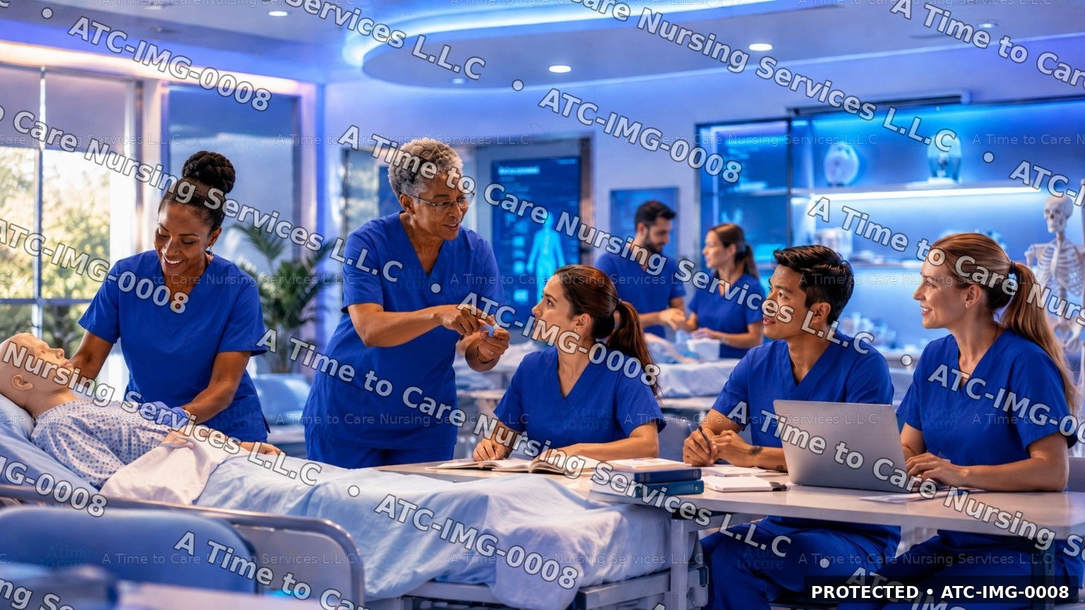 Healthcare instructor guiding students during hands-on clinical training